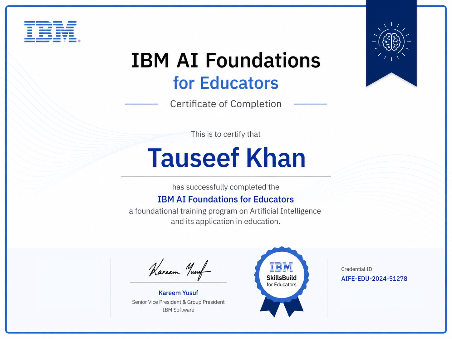 IBM AI Foundations Certification Certificate